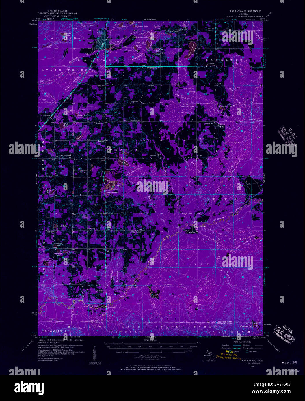 USGS TOPO Map Michigan MI Kalkaska 278250 1956 62500 Inverted Stock Photo