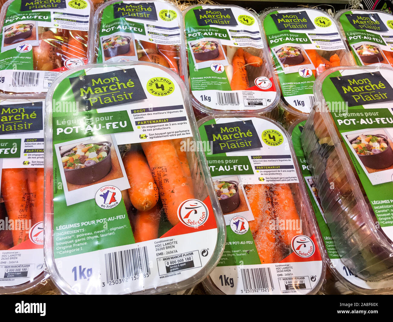 Ready to cook Stew vegetables under plastic package, Lyon, France Stock Photo