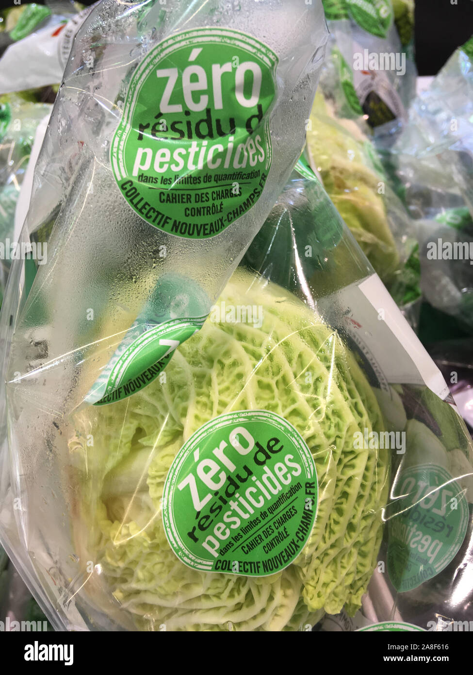 Organic cabbages under plastic package, Lyon, France Stock Photo