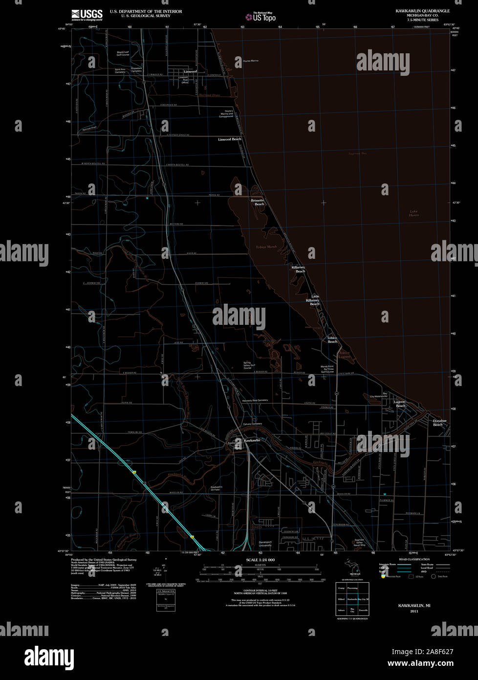 USGS TOPO Map Michigan MI Kawkawlin 20111005 TM Inverted Stock Photo