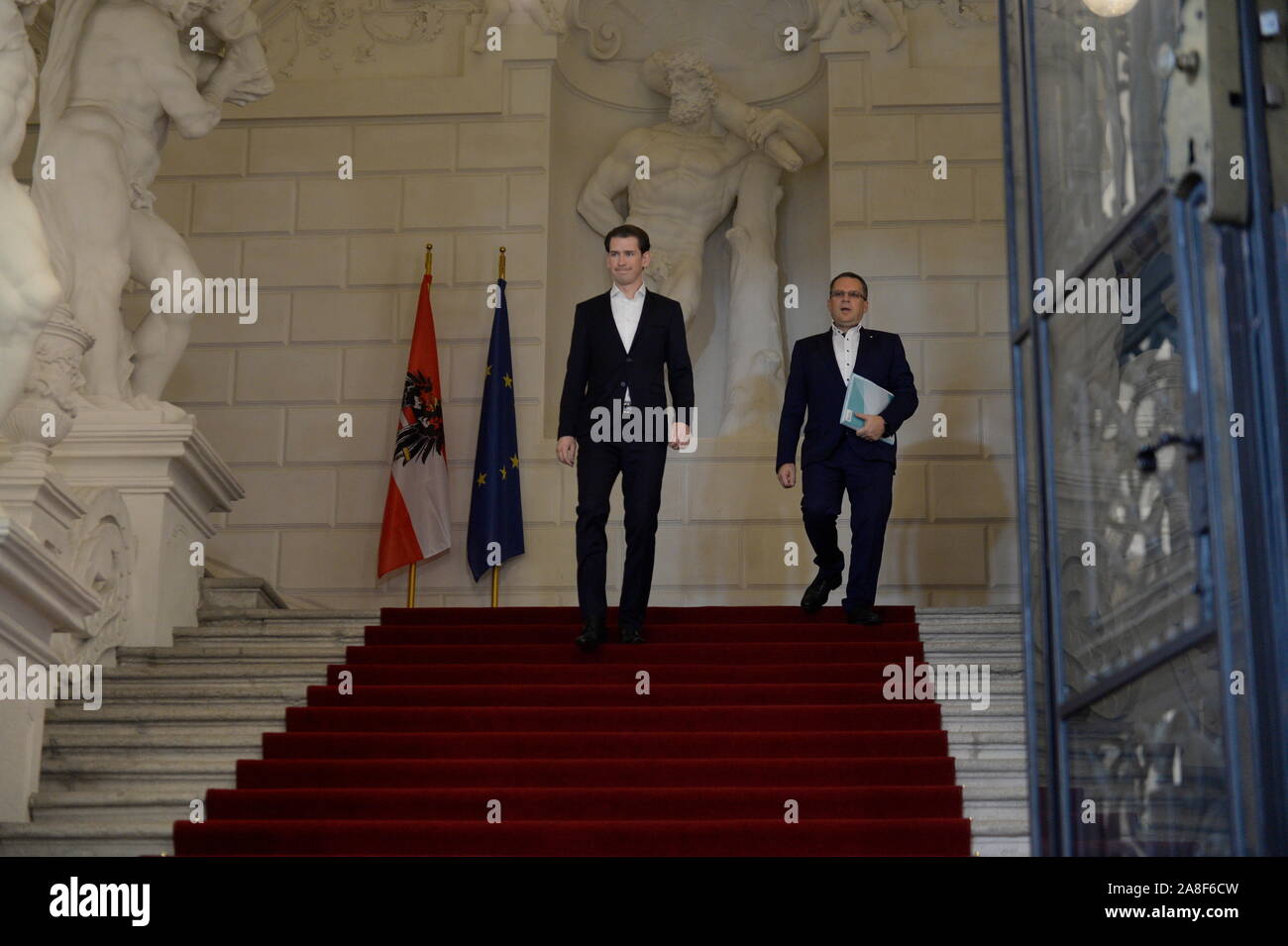 Vienna, Austria. 08th November, 2019. Chairmann of ÖVP (L) Sebastian Kurz and (R) August Woeginger on the occasion of an exploratory talk to evaluate possibilities for coalition building by ÖVP and the Green Party at Winterpalais Prinz Eugen, Himmelpfortgasse 8 on November 8, 2019 in Vienna. Credit: Franz Perc/Alamy Live News Stock Photo