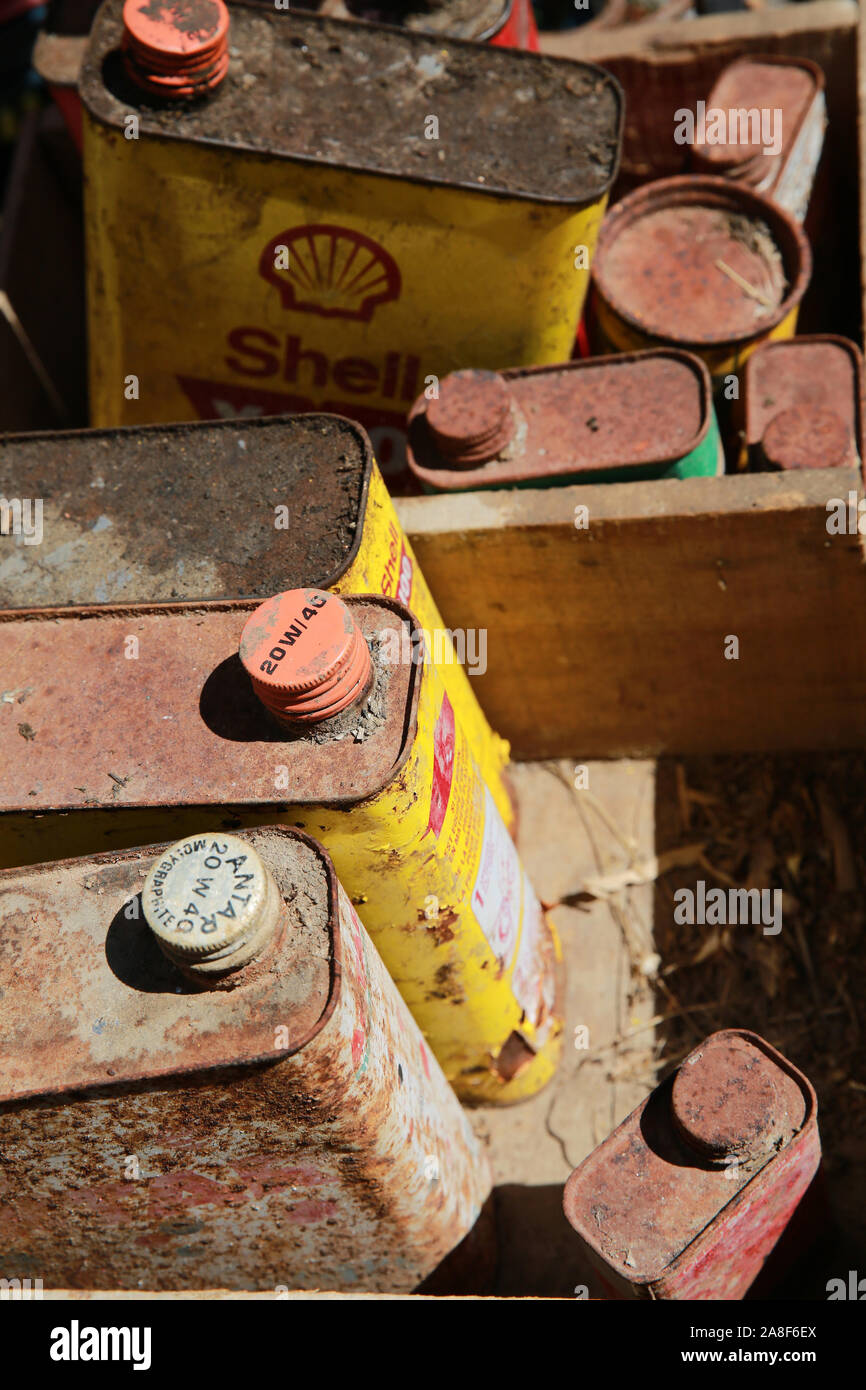 Rusty old petrol cans Stock Photo Alamy