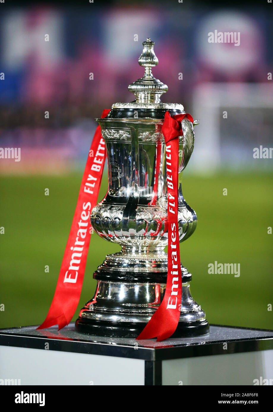 A general view of the FA Cup trophy before the FA Cup First Round match at Champion Hill, London. Stock Photo