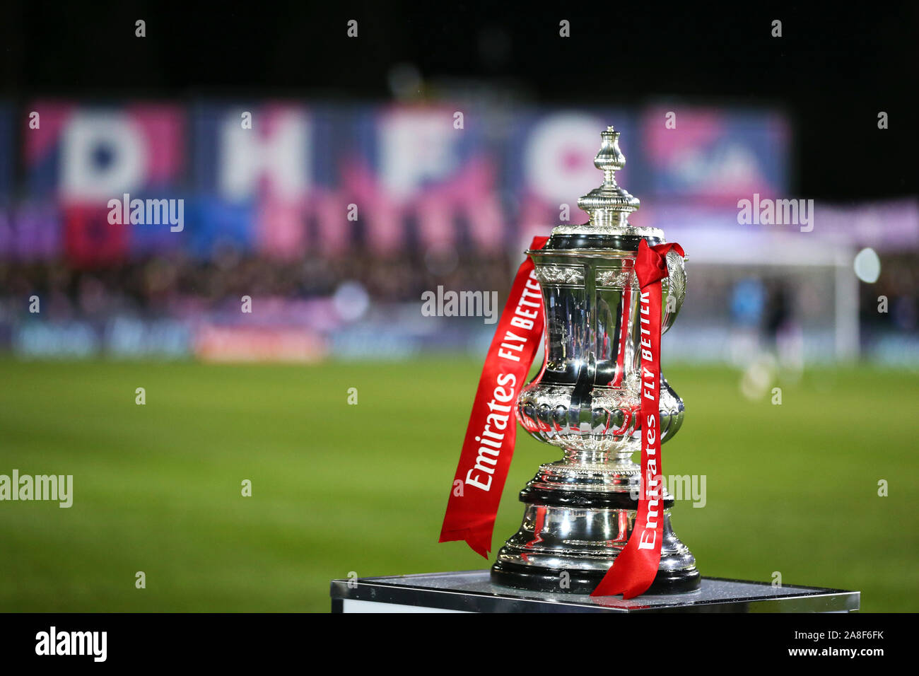 A general view of the FA Cup trophy before the FA Cup First Round match at Champion Hill, London. Stock Photo