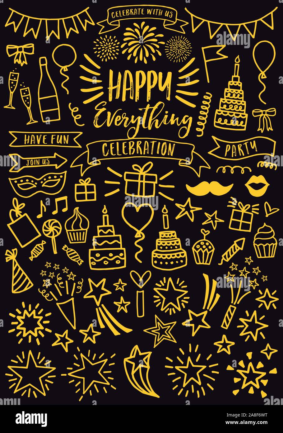 Celebration, party, birthday, Valentine's day doodle, set of gold vector design elements Stock Vector