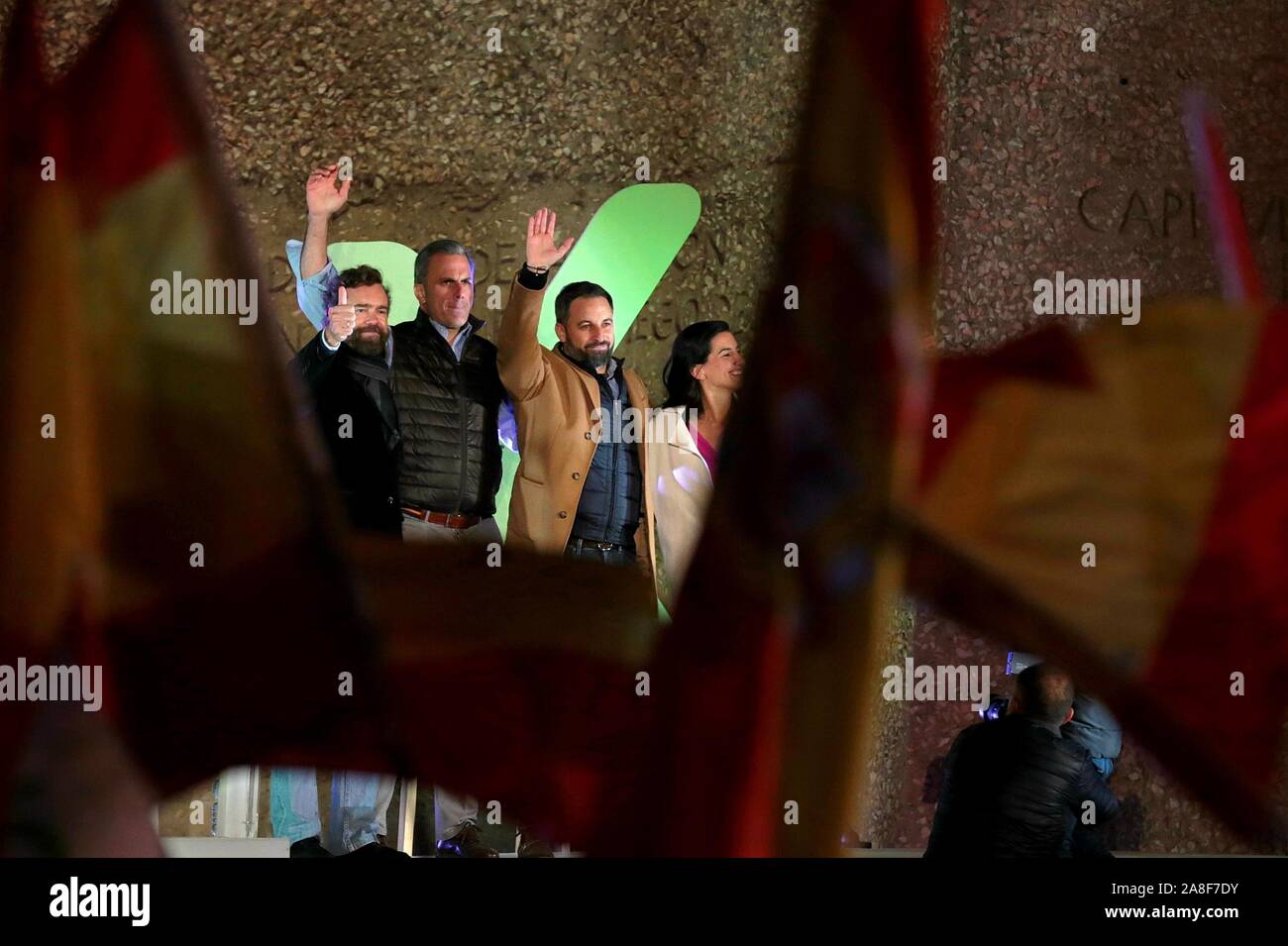 Madrid, Spain. 08th Nov, 2019. Madrid Spain; 08/11/2019Santiago Abascal candidate for the presidency of Spain by Vox (far-right party) closes campaign at Plaza Colón in the center of Madrid. The polls predict that in the elections next Sunday they can obtain 46 parliamentarians and become the third political force of the Kingdom of Spain. Credit: Juan Carlos Rojas | usage worldwide/dpa/Alamy Live News Stock Photo