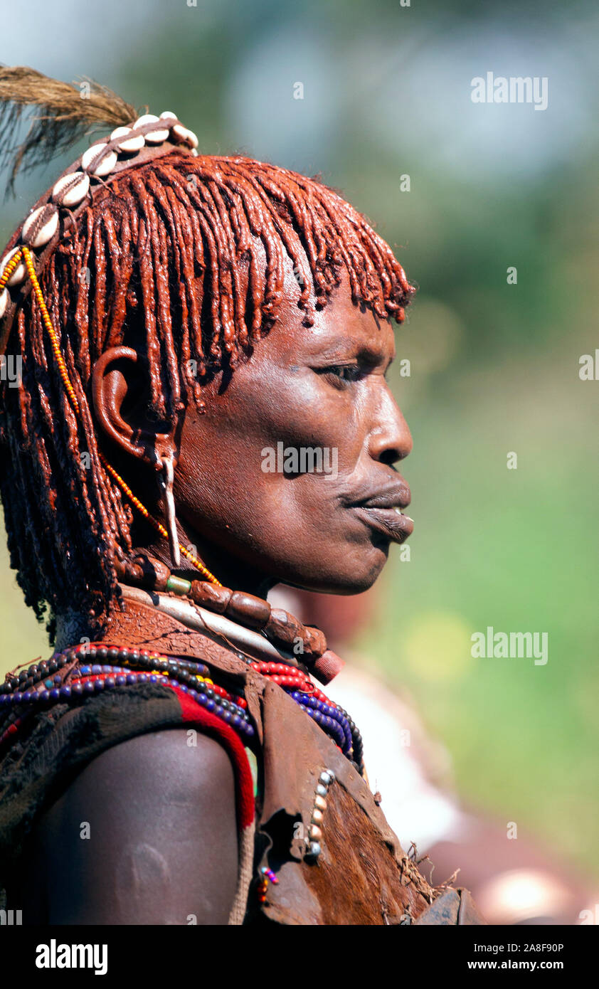 Profile Hamar tribe woman near Turmi Ethiopia Stock Photo