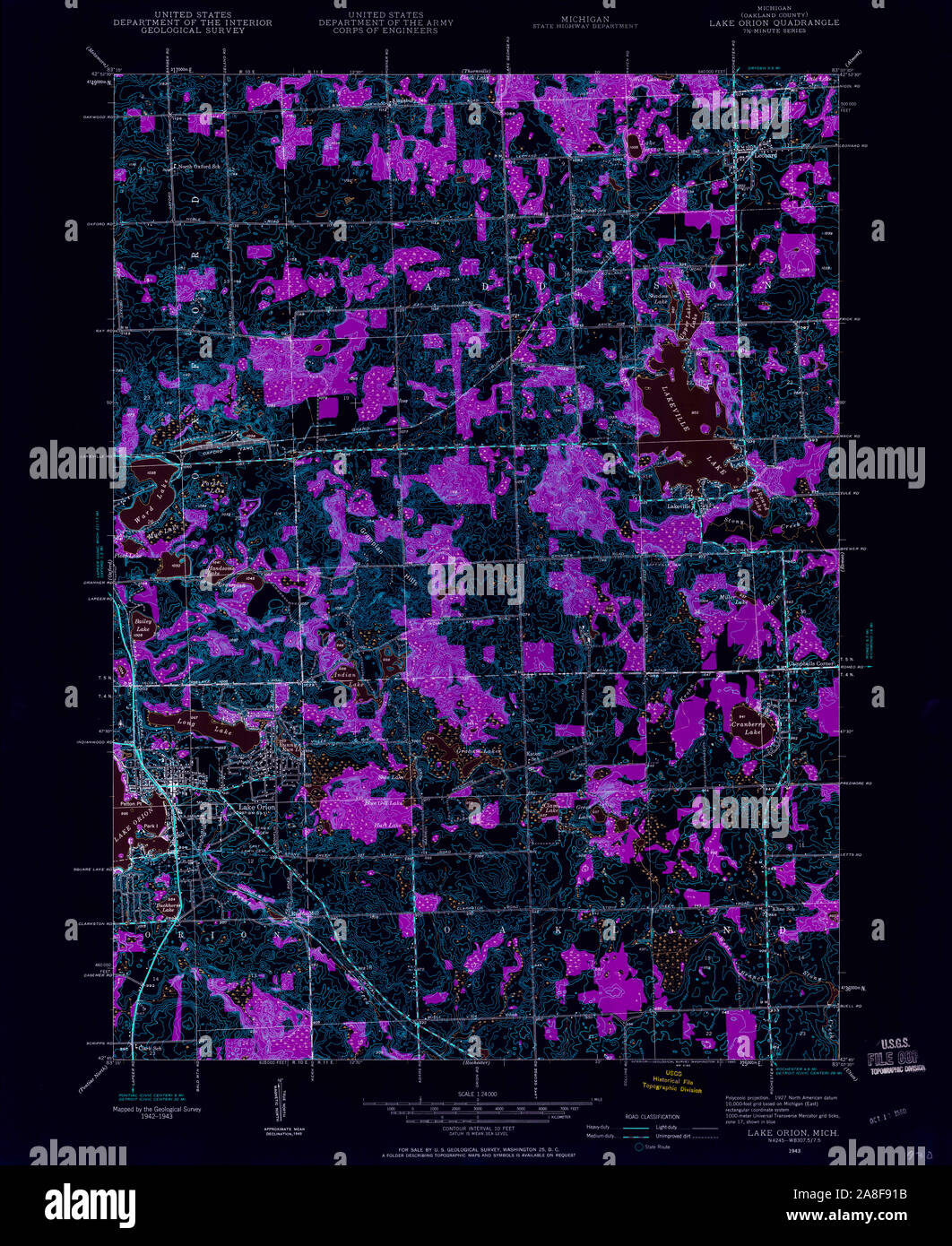 USGS TOPO Map Michigan MI Lake Orion 276488 1943 24000 Inverted Stock Photo