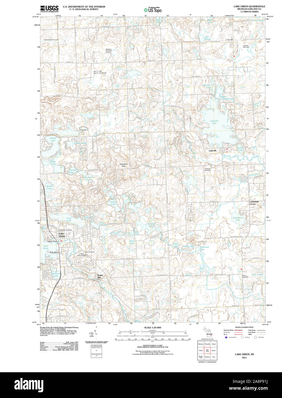 USGS TOPO Map Michigan MI Lake Orion 20111115 TM Stock Photo