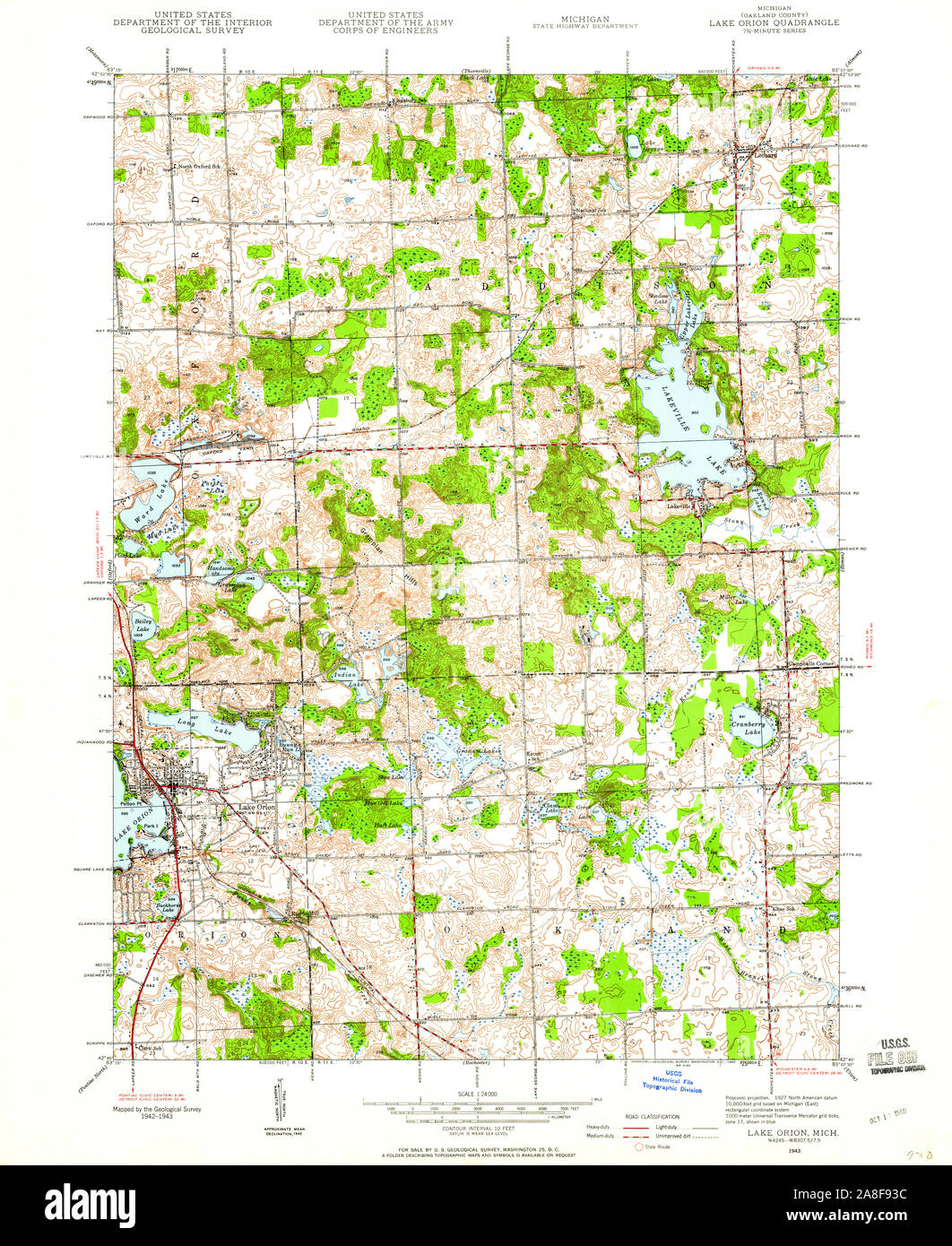 USGS TOPO Map Michigan MI Lake Orion 276488 1943 24000 Stock Photo