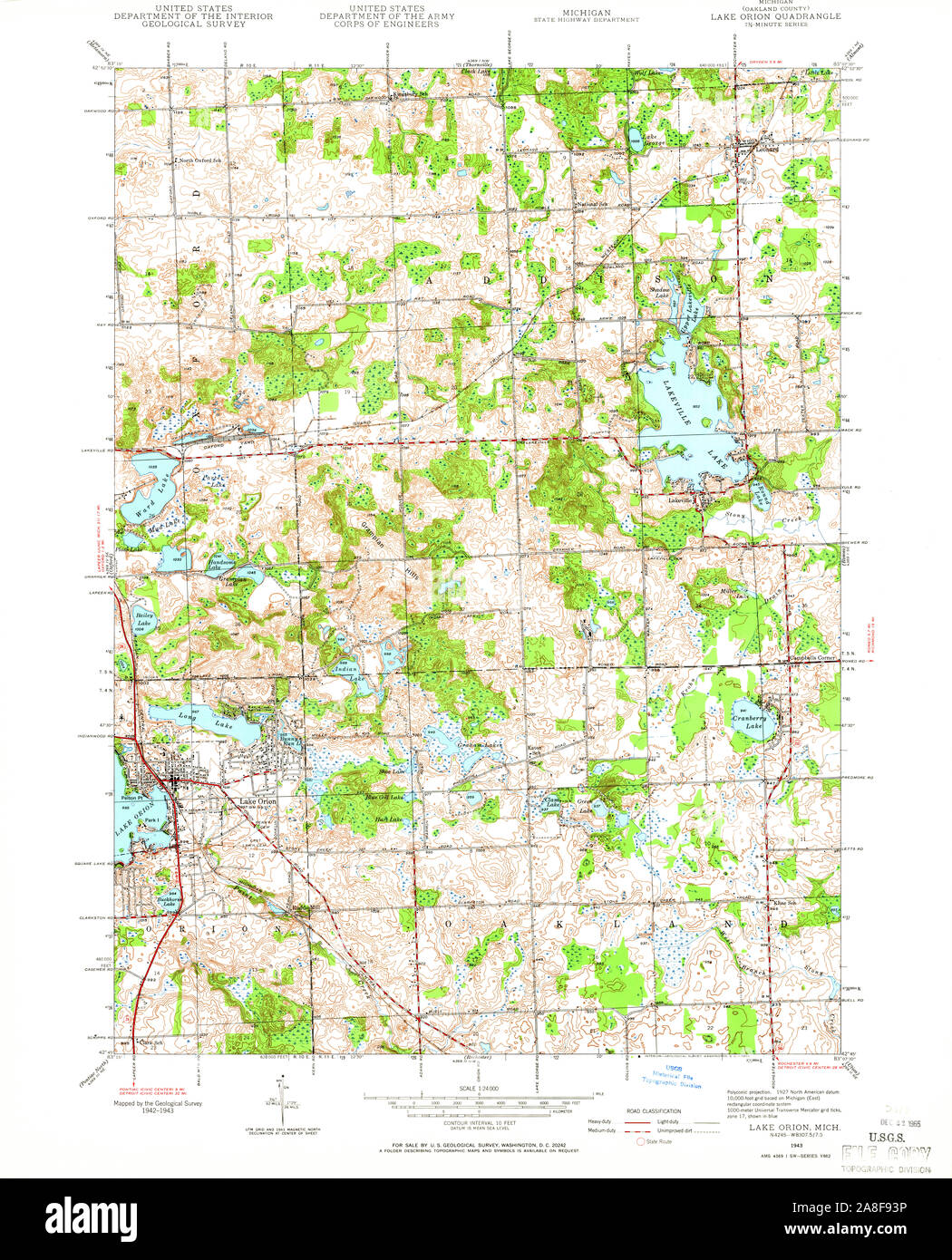 USGS TOPO Map Michigan MI Lake Orion 276487 1943 24000 Stock Photo