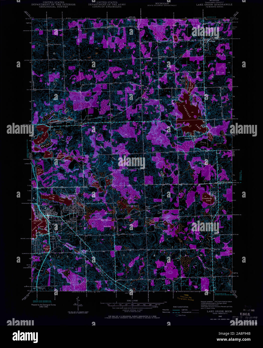 USGS TOPO Map Michigan MI Lake Orion 276487 1943 24000 Inverted Stock Photo