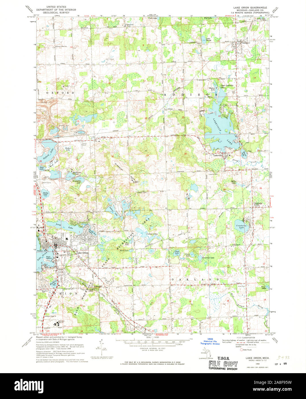 USGS TOPO Map Michigan MI Lake Orion 276490 1968 24000 Stock Photo