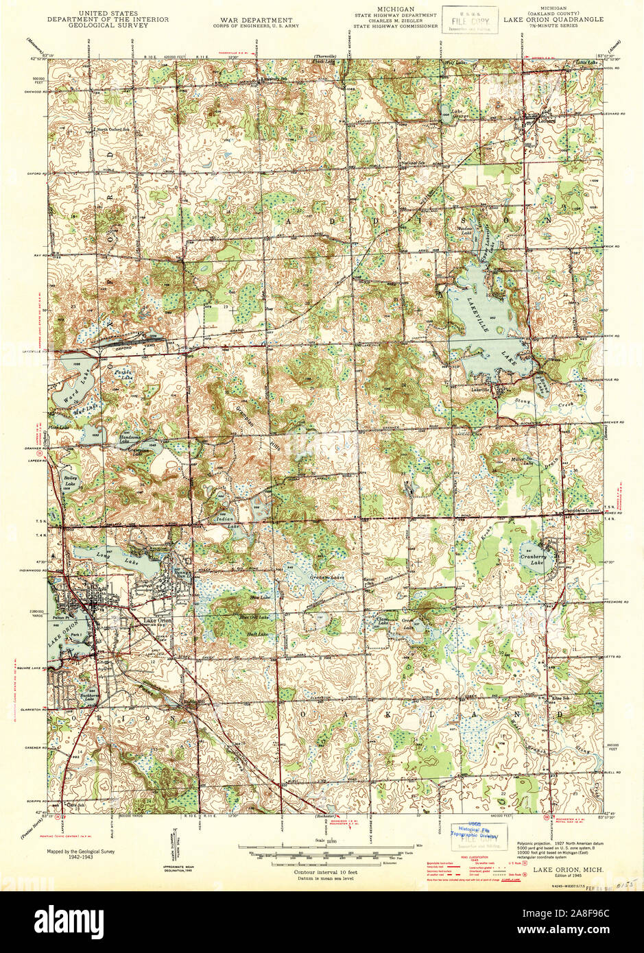 USGS TOPO Map Michigan MI Lake Orion 276489 1945 24000 Stock Photo