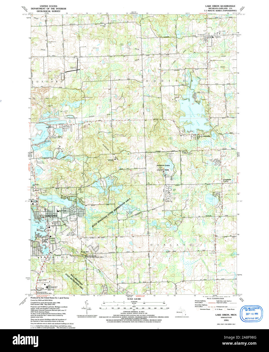 USGS TOPO Map Michigan MI Lake Orion 276492 1991 24000 Stock Photo
