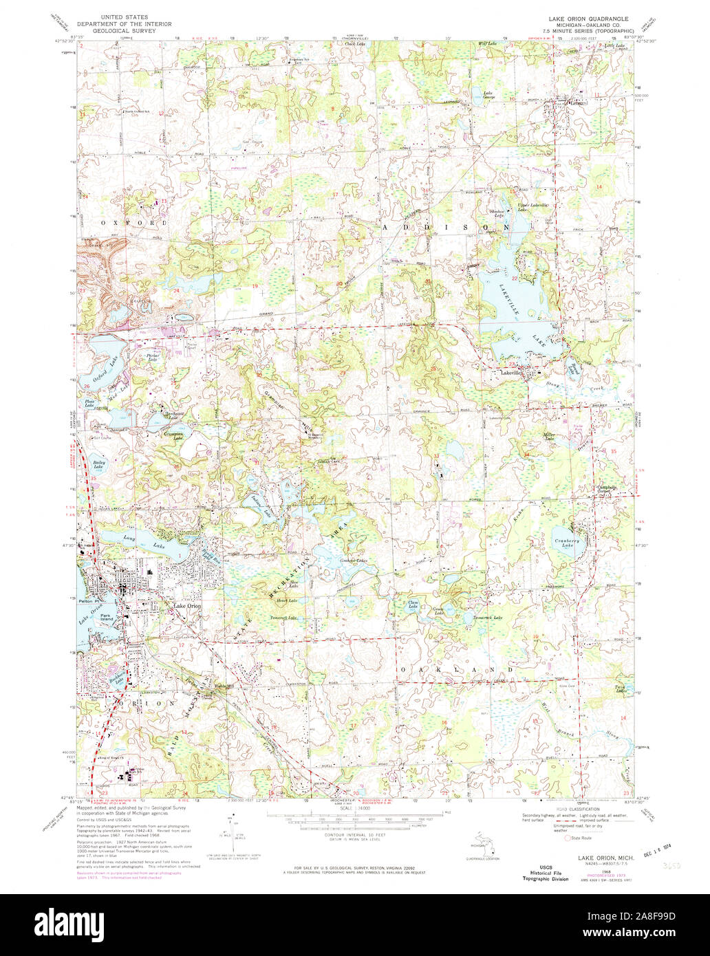 USGS TOPO Map Michigan MI Lake Orion 276491 1968 24000 Stock Photo