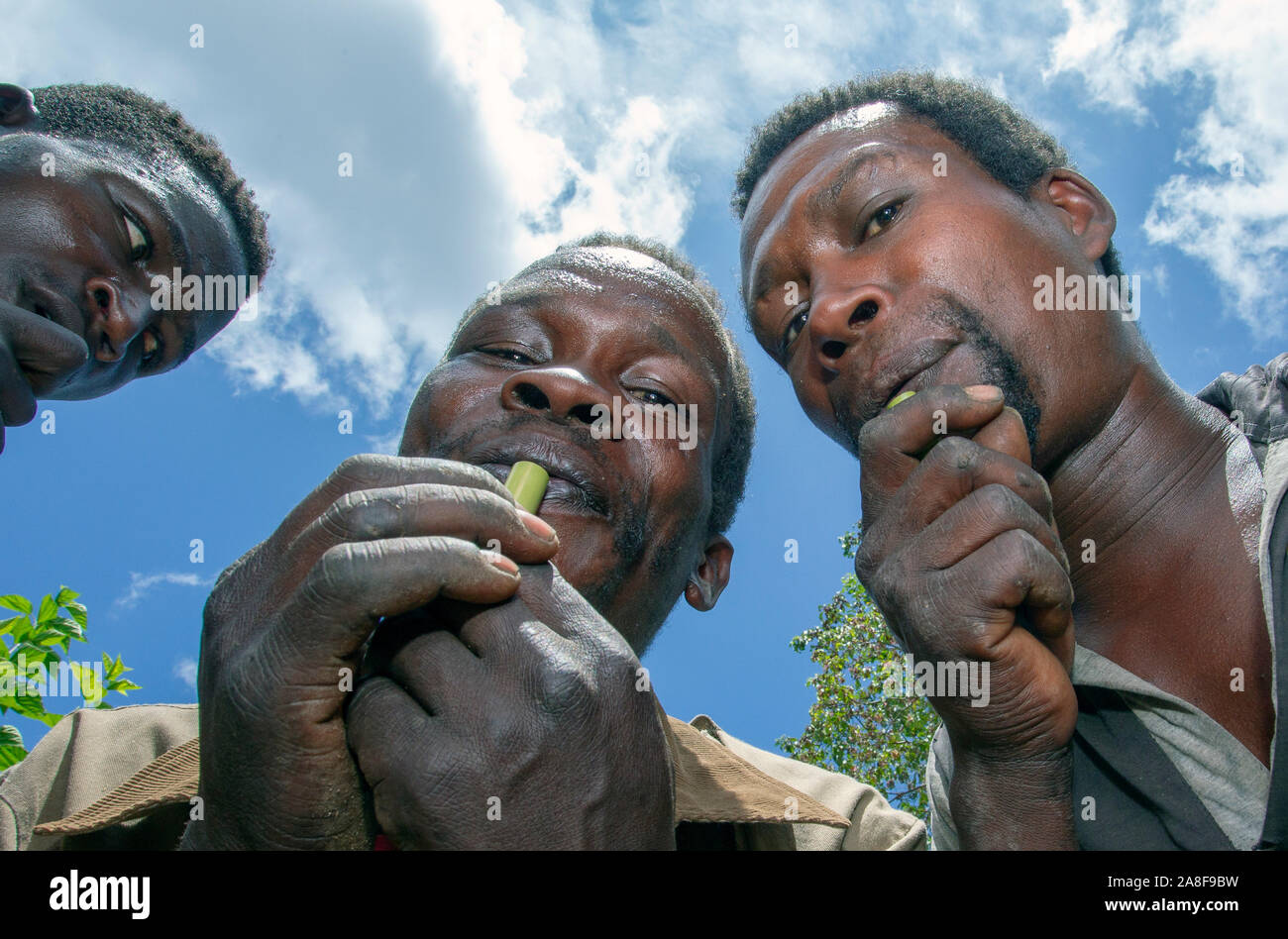 Derashe tribe men play traditional flute music Ethiopia Stock Photo