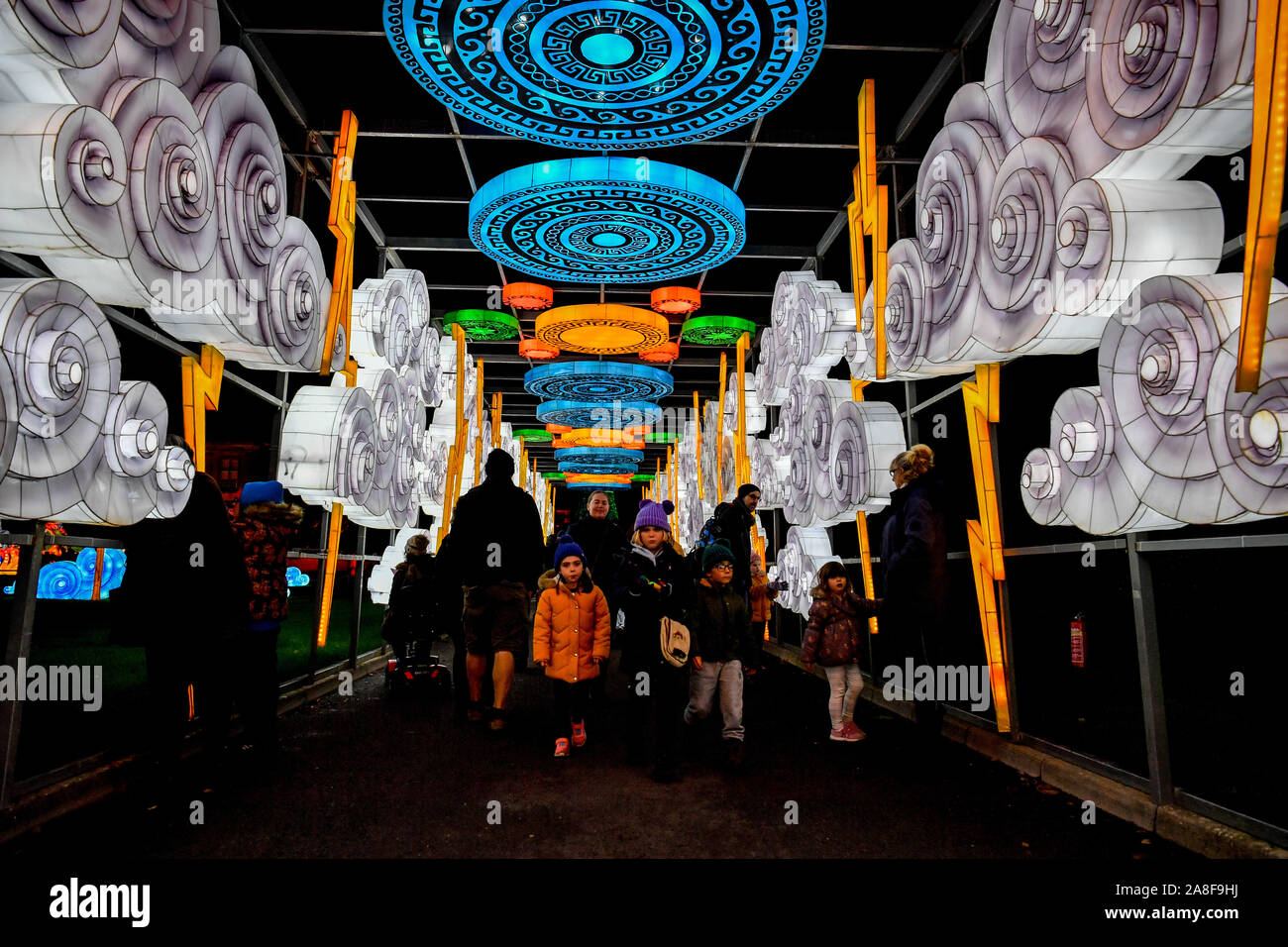 An illuminated corridor of clouds at the Festival of Light, featuring sculptures on the themes of myths and legends from across the world, at Longleat House, Wiltshire. Stock Photo