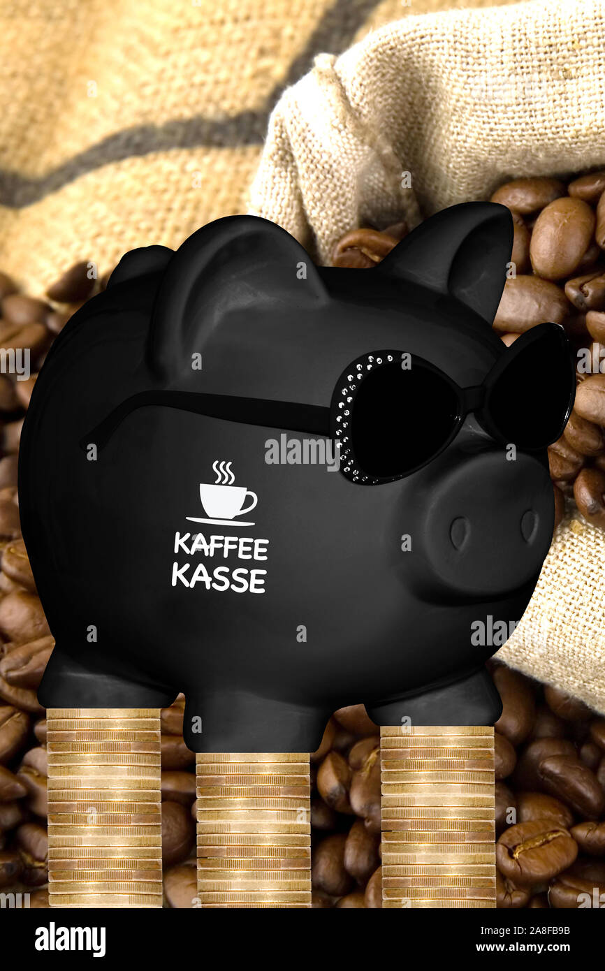 Sparschwein, Sparen, Vorsorge, Aufdruck: Kaffeekasse, Kaffeebohnen, 1 Euro  Münze Stock Photo - Alamy