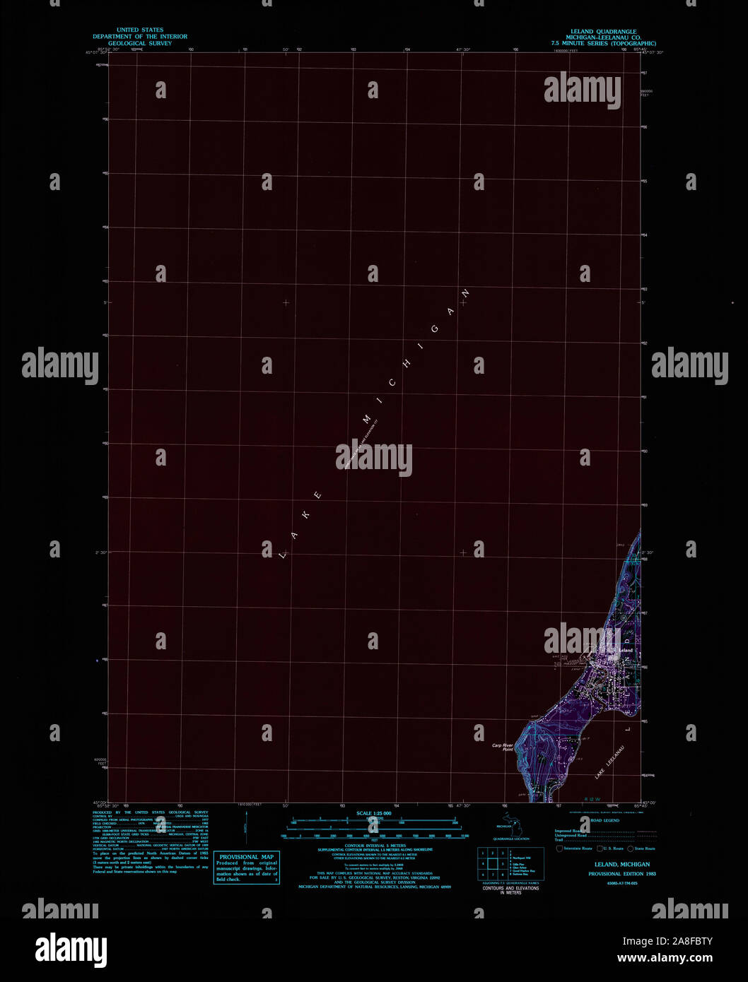 USGS TOPO Map Michigan MI Leland 277666 1983 25000 Inverted Stock Photo