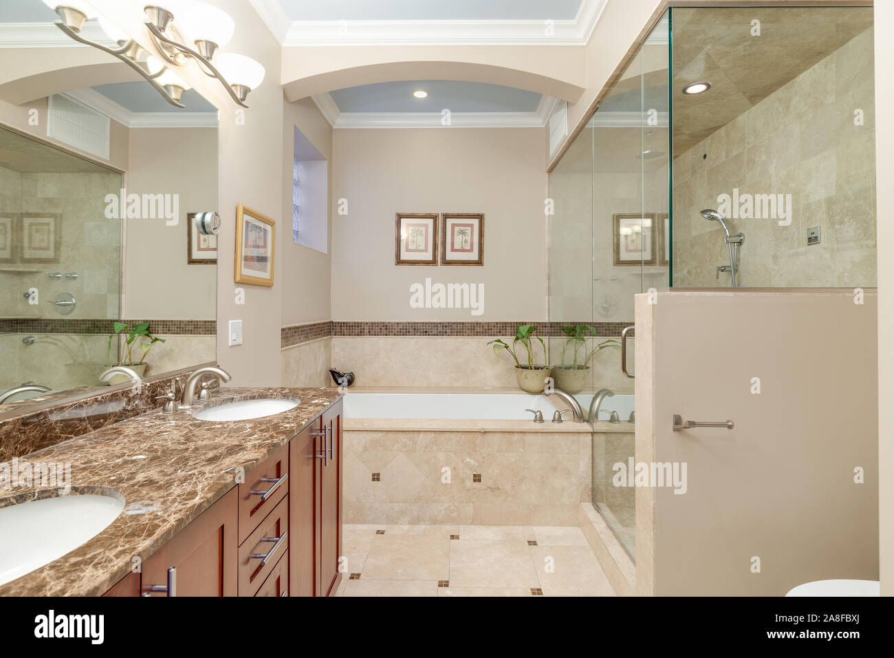 A luxurious bathroom with brown walls, a large stand up shower, and a Jacuzzi tub in the back. Stock Photo