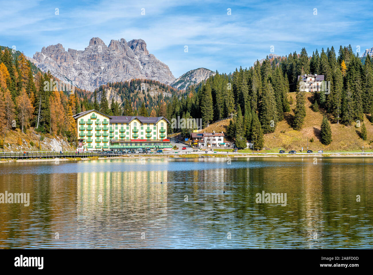 Idyllic autumnal landscape at Lake Misurina, Auronzo di Cadore, Veneto, Italy. Stock Photo