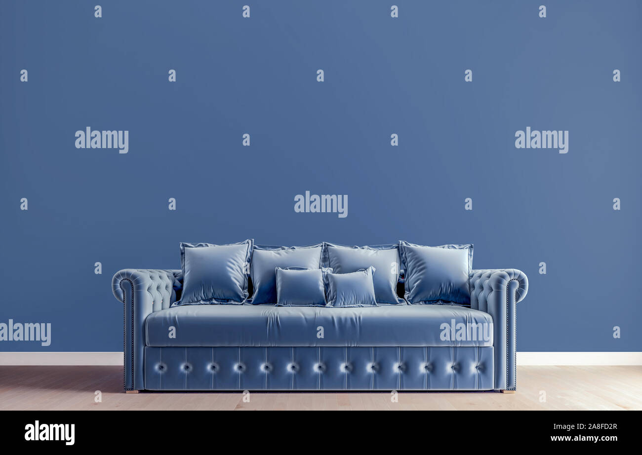 Horizontal mock-up poster, modern interior design, tufted sofa, blue wall background with free space above on top, 3d render, 3d illustration Stock Photo