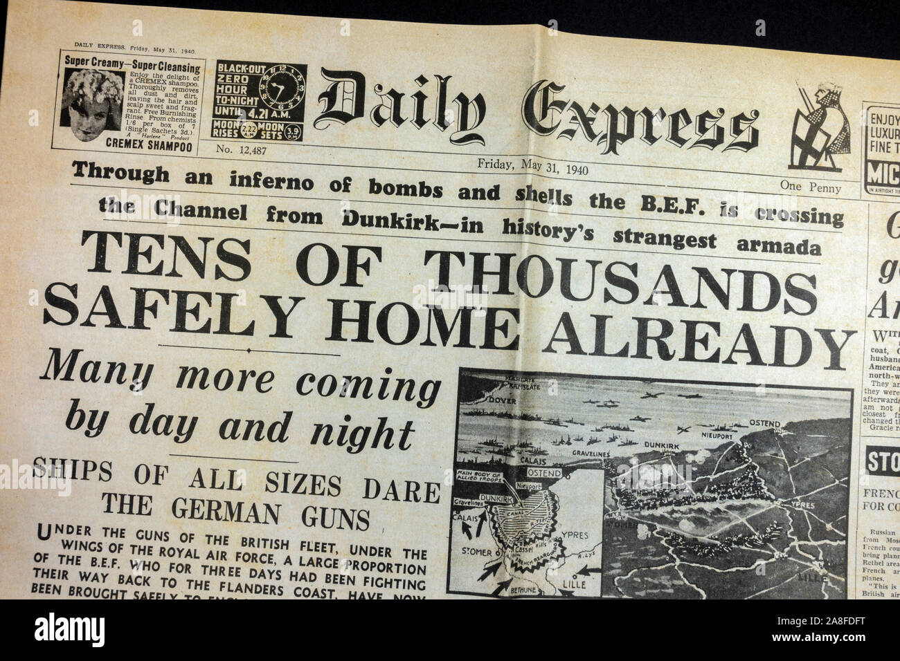 Replica of the Daily Express newspaper on 31st May 1940 showing the Dunkirk  evacuation with the headline "Tens of thousands safely home already Stock  Photo - Alamy