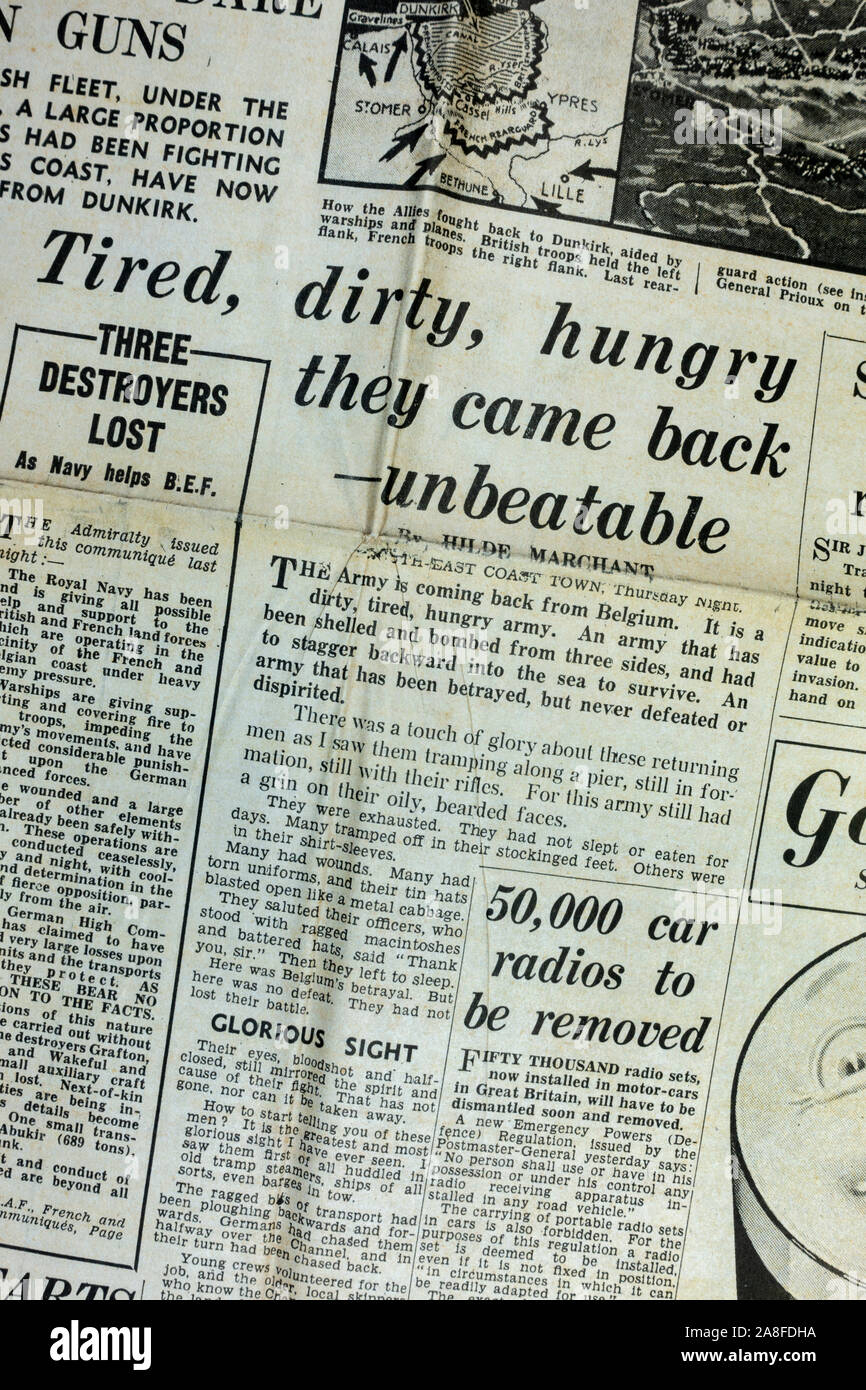 Replica of the Daily Express newspaper on 31st May 1940 during the Dunkirk evacuation and the rescued British Expeditionary Forces. Stock Photo