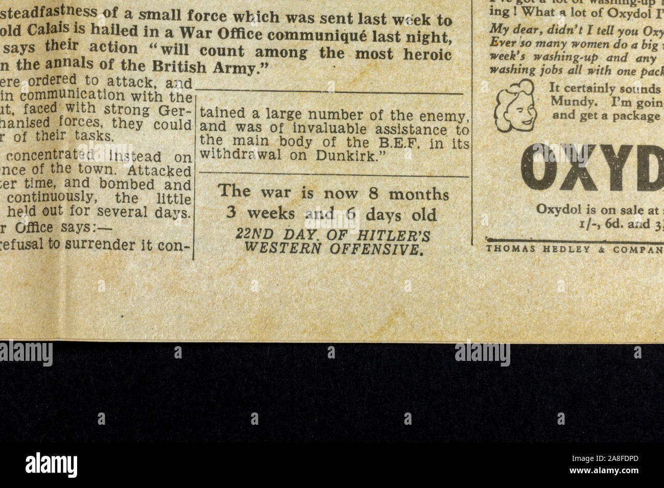 Tiny reference to how long there has been a state of War in Britain in the Daily Express newspaper (replica) on 31st May 1940. Stock Photo