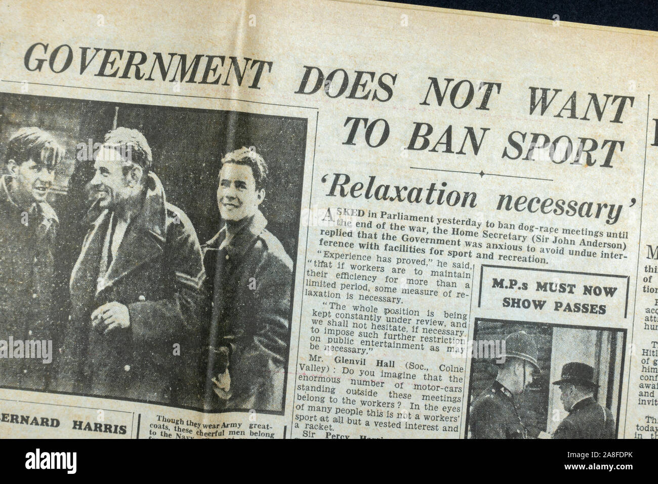 'Government does not want to ban sport' headline in the Daily Express newspaper (replica) on 31st May 1940 during the Dunkirk evacuation. Stock Photo
