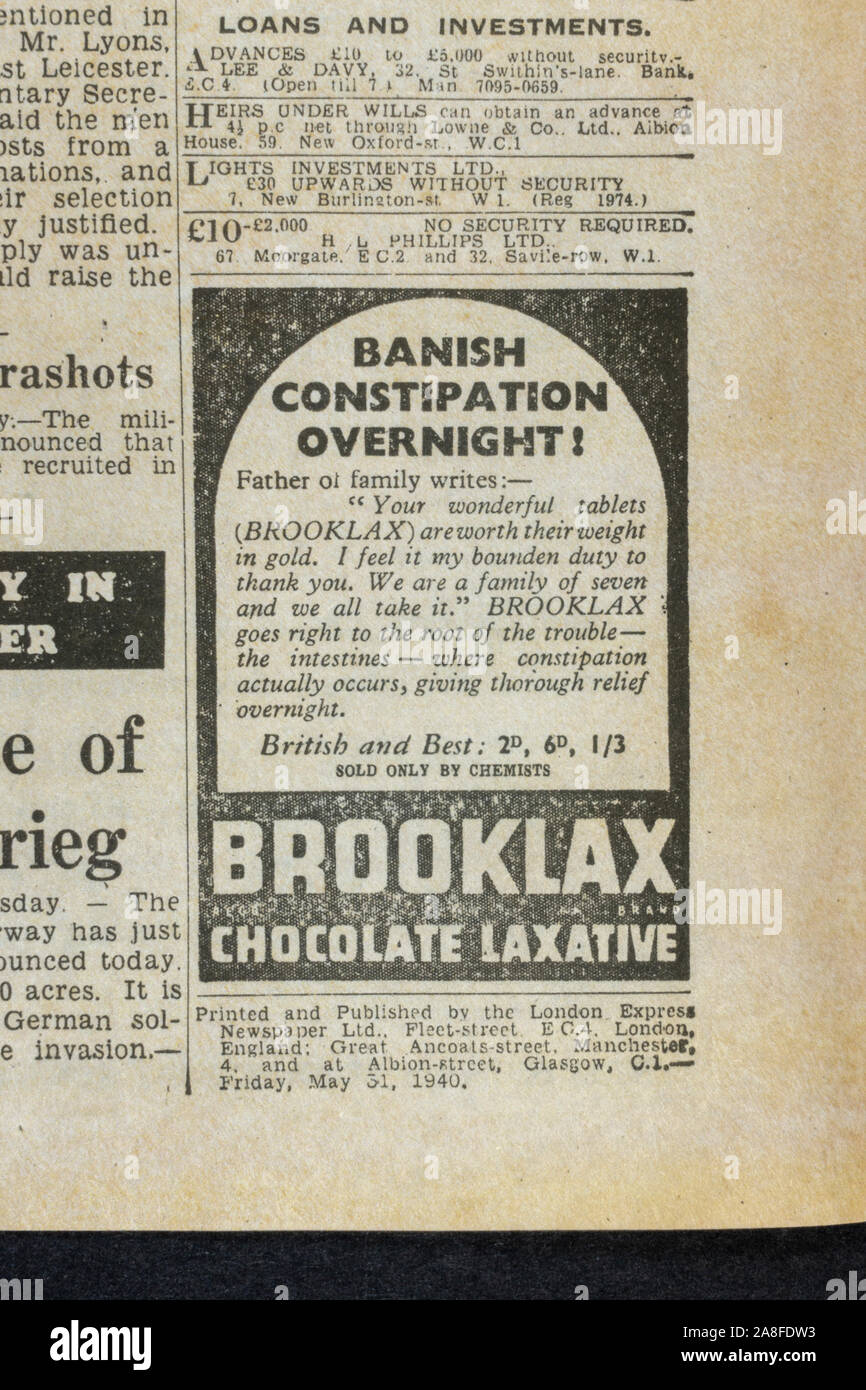 Advert for Brooklax chocolate laxative in the Daily Express newspaper (replica) on 31st May 1940 during the Dunkirk evacuation. Stock Photo