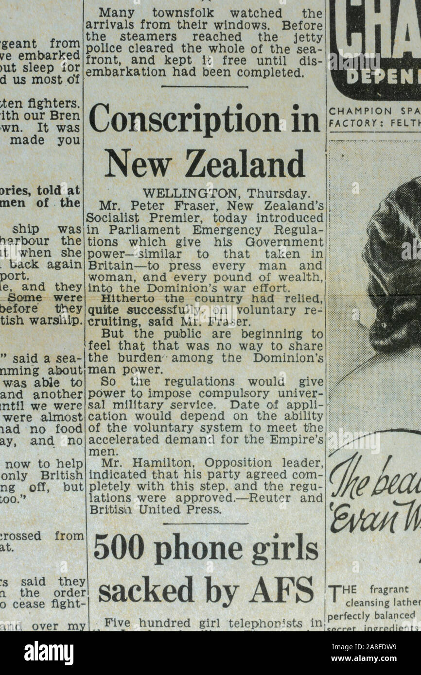 Report that World War Two conscription was introduced in New Zealand,   Daily Express newspaper (replica) 31st May 1940 during the Dunkirk evacuation. Stock Photo