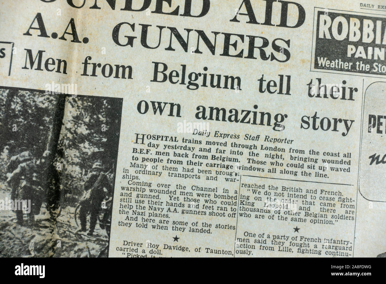 Stories from rescued BEF troops who were rescued in the Daily Express newspaper (replica) on 31st May 1940 during the Dunkirk evacuation. Stock Photo