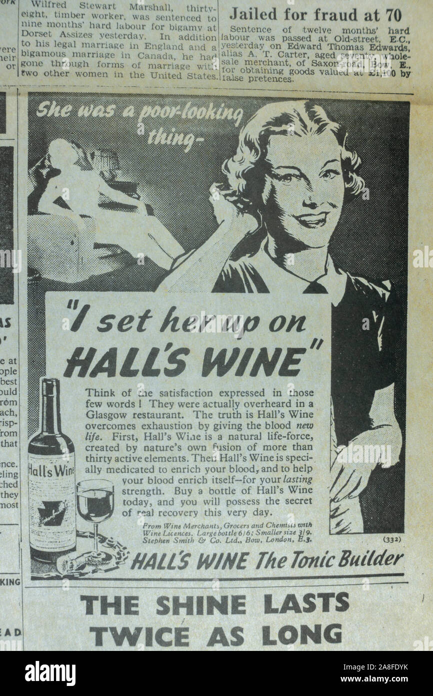 Advert of Hall's Wine The Tonic Builder in the Daily Express newspaper (replica) on 31st May 1940 during the Dunkirk evacuation. Stock Photo