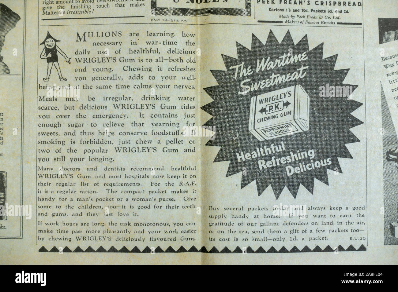 Advert for Wrigley's PK Chewing Gum the Daily Express newspaper (replica) on 31st May 1940 during the Dunkirk evacuation. Stock Photo