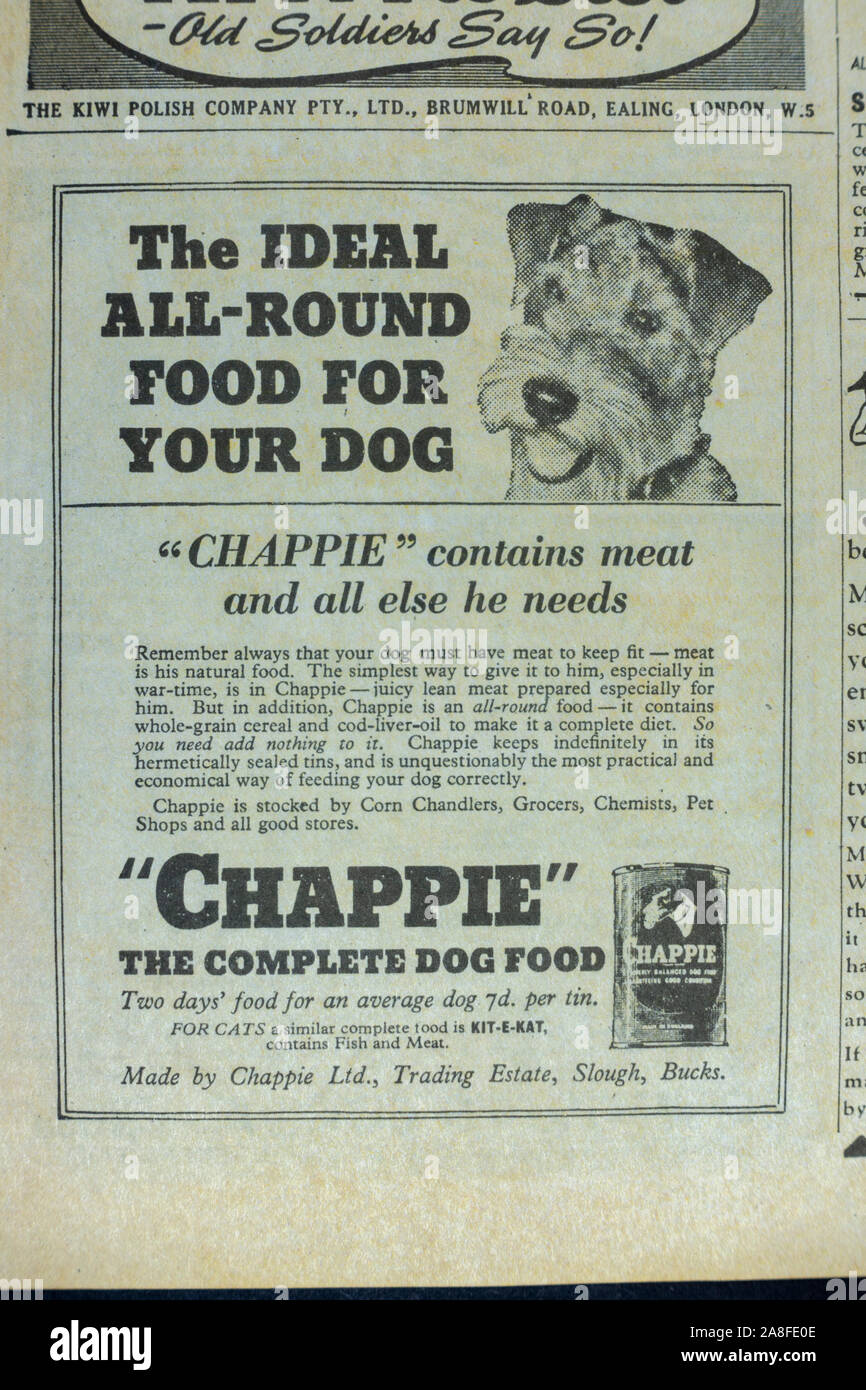 Advert for 'Chappie' dog food in the Daily Express newspaper (replica) on 31st May 1940 during the Dunkirk evacuation. Stock Photo