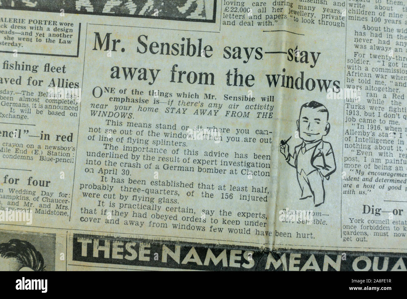 'Mr Sensible says-stay away from the windows', Daily Express newspaper (replica) on 31st May 1940 during the Dunkirk evacuation. Stock Photo