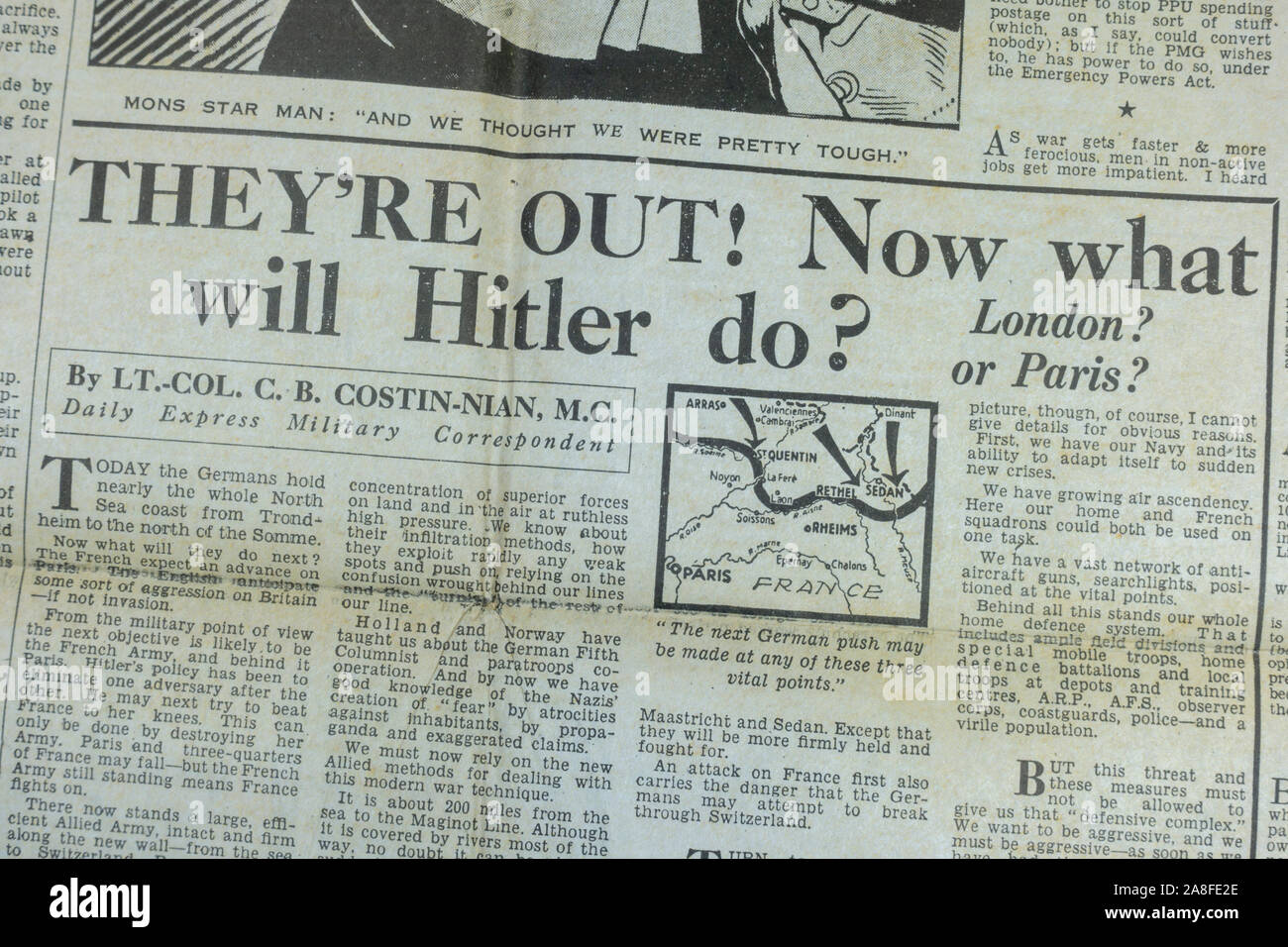 'They're out! Now what will Hitler do?' report in the Daily Express newspaper (replica) on 31st May 1940 during the Dunkirk evacuation. Stock Photo
