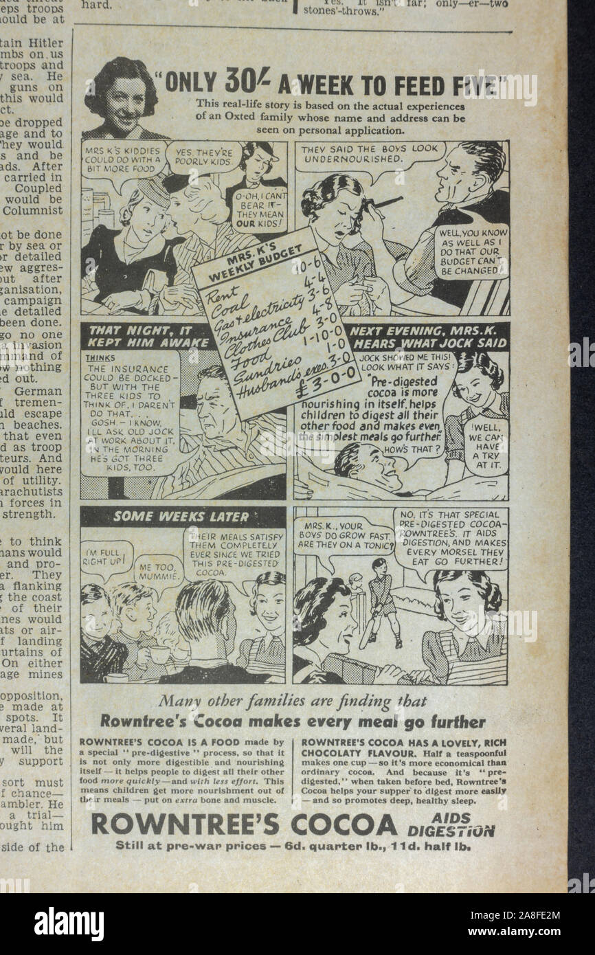 Advert for Rowntree's cocoa aids digestion in the Daily Express newspaper (replica) on 31st May 1940 during the Dunkirk evacuation. Stock Photo