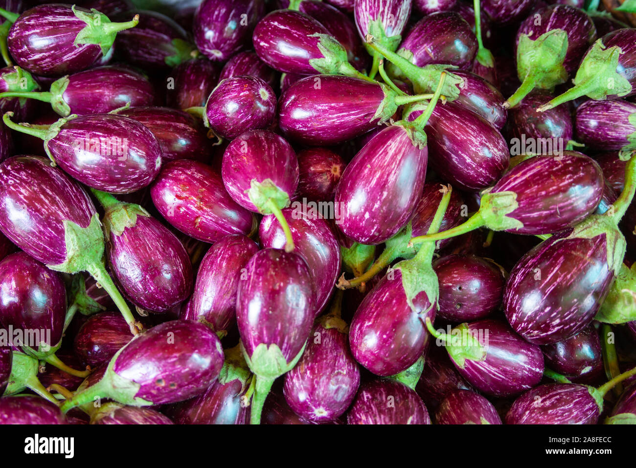 Egg plants beeing presented on the market. Sometimes they are displayed in baskets sometimes they are stacked. Lovely colors on these plants. Stock Photo