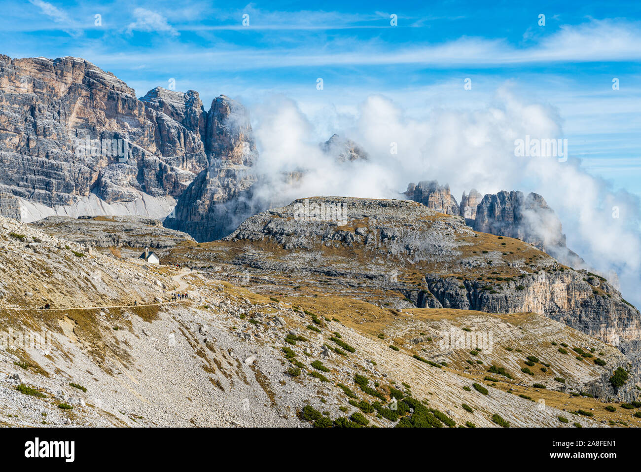 Panoramic view of the Paterno Mountain, near the Tre Cime di Lavaredo peaks. Veneto, Italy. Stock Photo