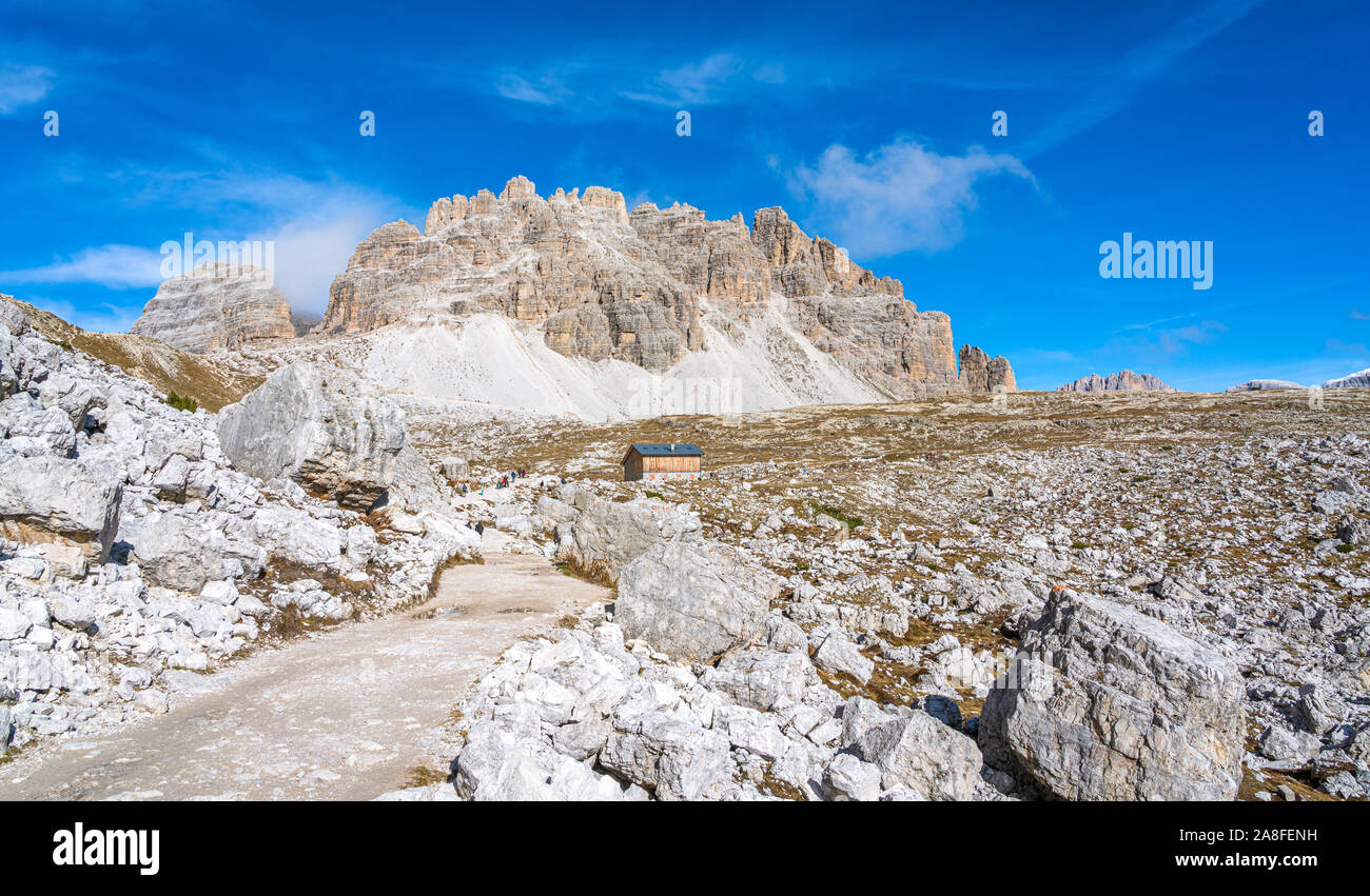 Scenic sight of the famous peaks Tre Cime di Lavaredo. Veneto, Italy. Stock Photo