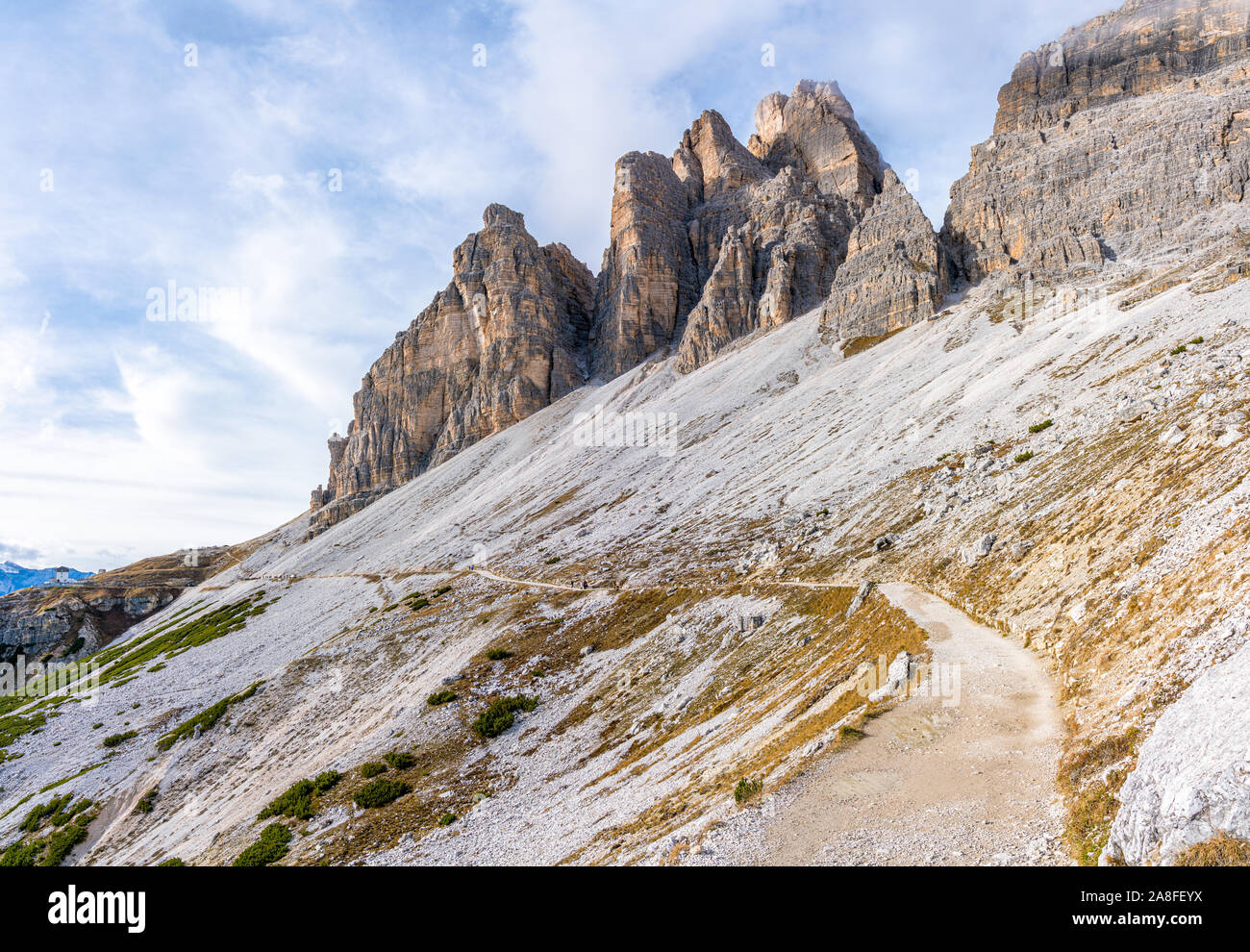 Scenic sight of the famous peaks Tre Cime di Lavaredo. Veneto, Italy. Stock Photo