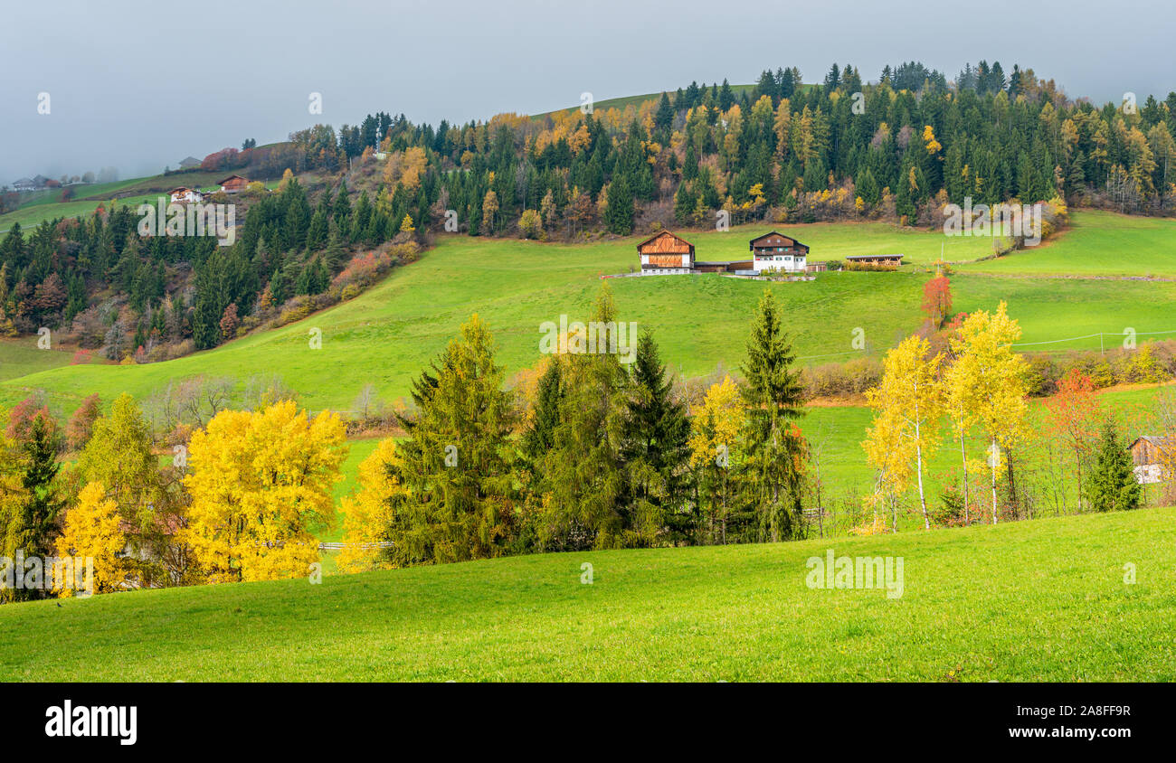 Autumnal panorama at Santa Magdalena village in the famous Val di Funes. Trentino Alto Adige, Italy. Stock Photo