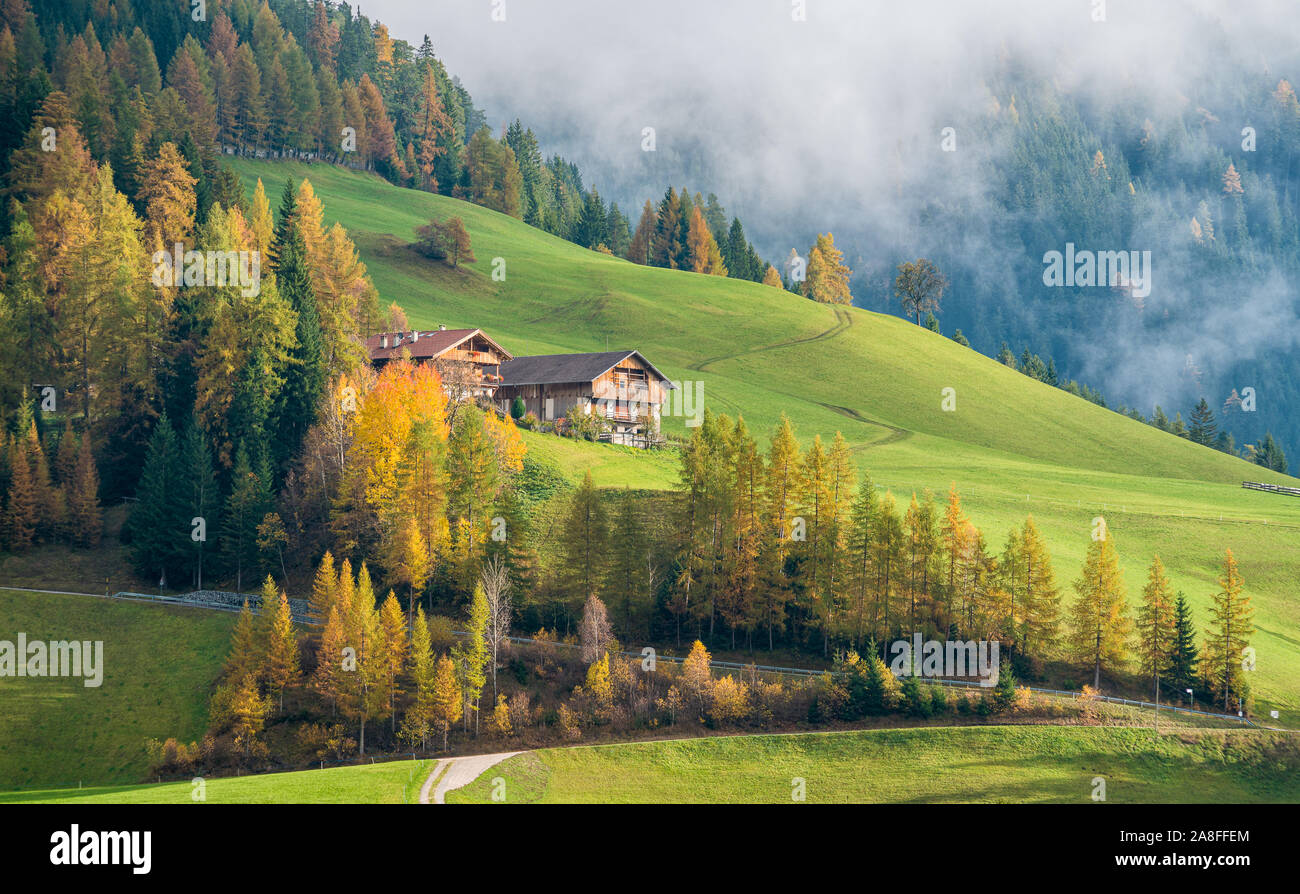 Autumnal panorama at Santa Magdalena village in the famous Val di Funes. Trentino Alto Adige, Italy. Stock Photo