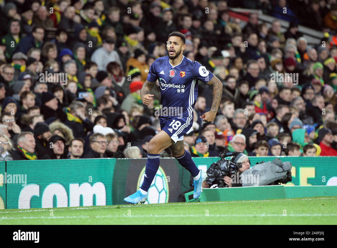 Norwich, UK. 08th Nov, 2019. Andre Gray of Watford celebrates getting the second goal of the game for Watford during the Premier League match between Norwich City and Watford at Carrow Road on November 8th 2019 in Norwich, England. (Photo by Mick Kearns/phcimages.com) Credit: PHC Images/Alamy Live News Stock Photo
