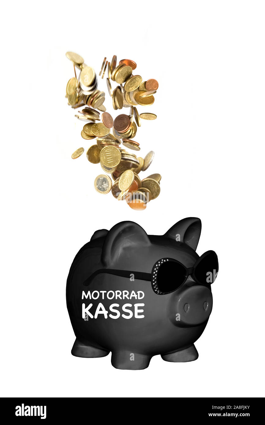 Sparschwein, Sparen, Vorsorge, Banknoten, Münzen, Notgroschen, Motorradkasse, Motorrad, Kleingeld, Stock Photo