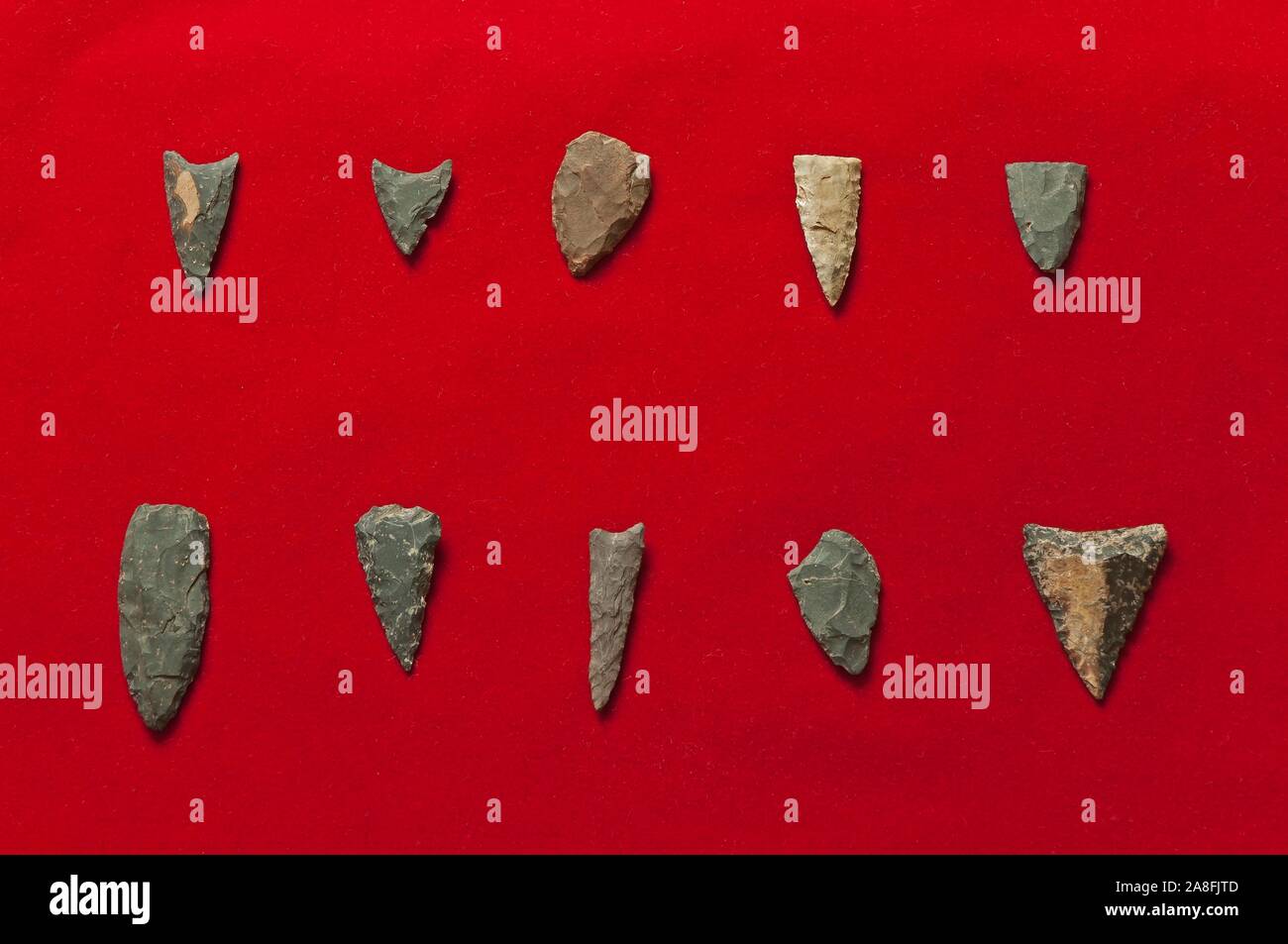 Neolithic arrowheads - 2500 BC, archaeological site of Cabezo Jure, Alosno, Huelva province, Region of Andalusia, Spain, Europe. Stock Photo