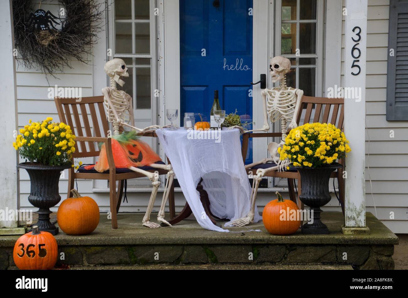 Two Skeletons sitting at a dinner table having a romantic meal with wine for Halloween date night, Yarmouth, Maine, USA Stock Photo